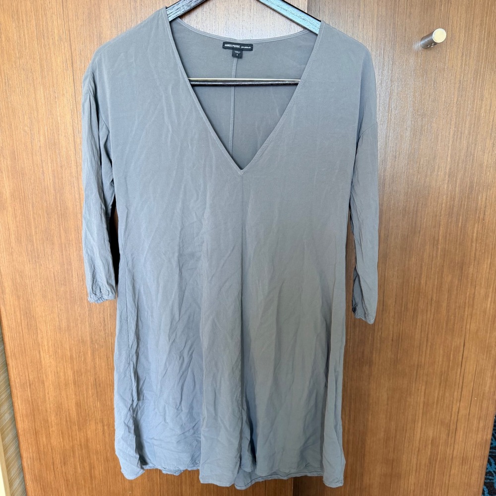 James Perse Women 1/Med Gray Deep V-Neck 3/4 Sleeve Mini Dress Chic Minimalist